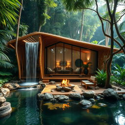 A stunning cabin in a lush jungle setting, constructed from bamboo and glass, showcasing modern architectural design principles