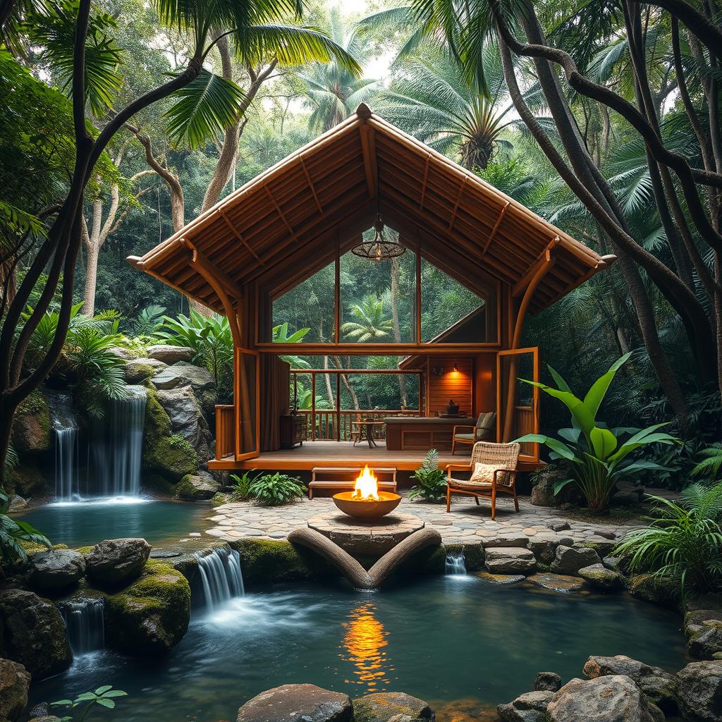 A stunning cabin in a lush jungle setting, constructed from bamboo and glass, showcasing modern architectural design principles