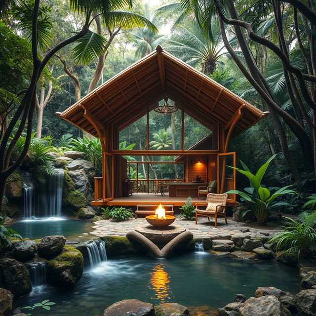 A stunning cabin in a lush jungle setting, constructed from bamboo and glass, showcasing modern architectural design principles