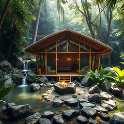 A stunning cabin in a lush jungle setting, constructed from bamboo and glass, showcasing modern architectural design principles