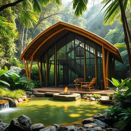 A stunning cabin in a lush jungle setting, constructed from bamboo and glass, showcasing modern architectural design principles