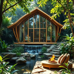 A stunning bamboo and glass cabin nestled in a lush jungle setting, designed using organic architecture principles