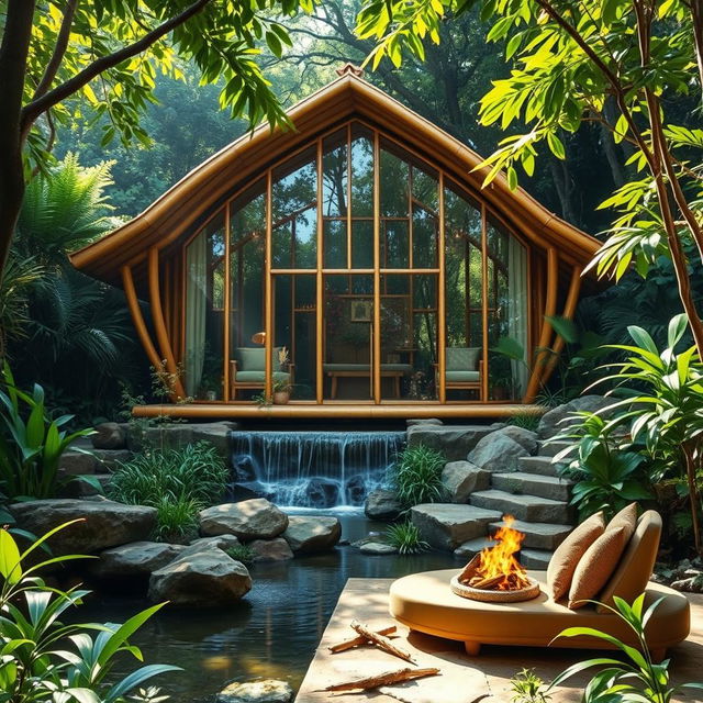 A stunning bamboo and glass cabin nestled in a lush jungle setting, designed using organic architecture principles