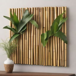 A natural wall decor made of bamboo, water hyacinth, sea grass, and rattan, showcasing a harmonious blend of elements.