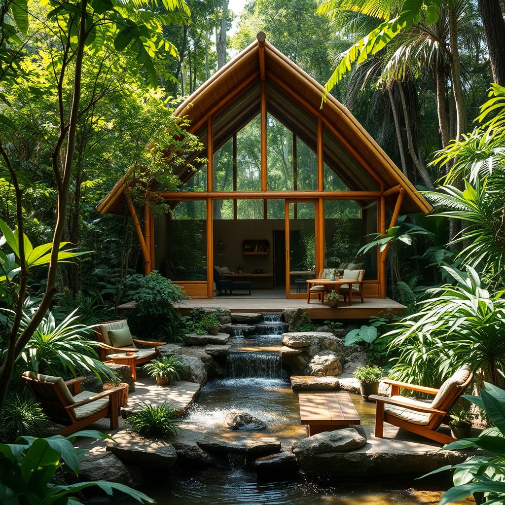 A stunning bamboo and glass cabin nestled in a lush jungle setting, designed using organic architecture principles