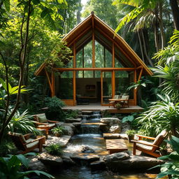 A stunning bamboo and glass cabin nestled in a lush jungle setting, designed using organic architecture principles