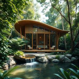 A stunning bamboo and glass cabin nestled in a lush jungle setting, designed using organic architecture principles