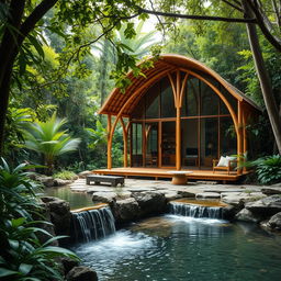 A stunning bamboo and glass cabin nestled in a lush jungle setting, designed using organic architecture principles