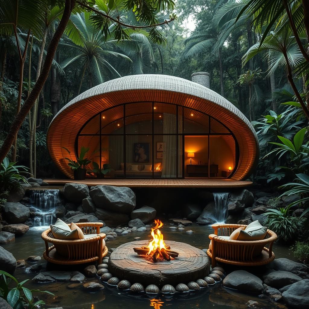 A modern cabin designed in a jungle setting, ingeniously built from bamboo and glass, showcasing elements of organic architecture inspired by the form of a butterfly's cocoon