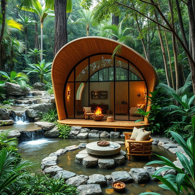 A modern cabin designed in a jungle setting, ingeniously built from bamboo and glass, showcasing elements of organic architecture inspired by the form of a butterfly's cocoon