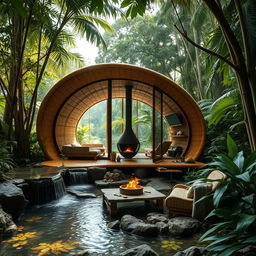 A modern cabin designed in a jungle setting, ingeniously built from bamboo and glass, showcasing elements of organic architecture inspired by the form of a butterfly's cocoon