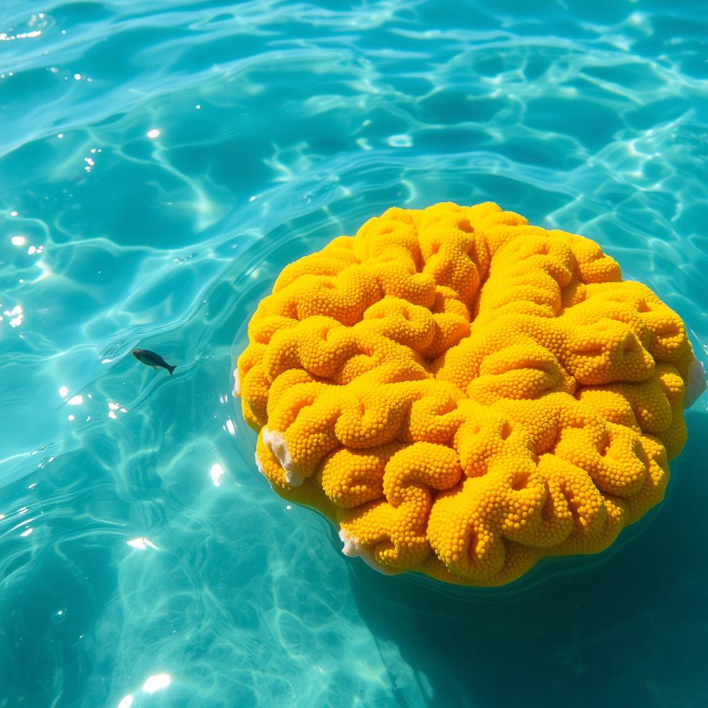 A vibrant and colorful sponge floating on the ocean surface, surrounded by gentle waves and glistening sunlight