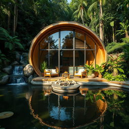 A beautifully designed cabin nestled in a lush jungle setting, constructed from bamboo and glass, showcasing innovative architectural principles