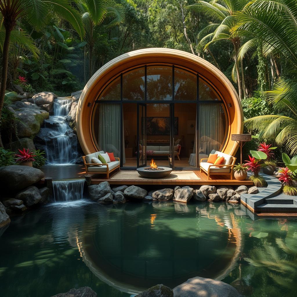 A beautifully designed cabin nestled in a lush jungle setting, constructed from bamboo and glass, showcasing innovative architectural principles