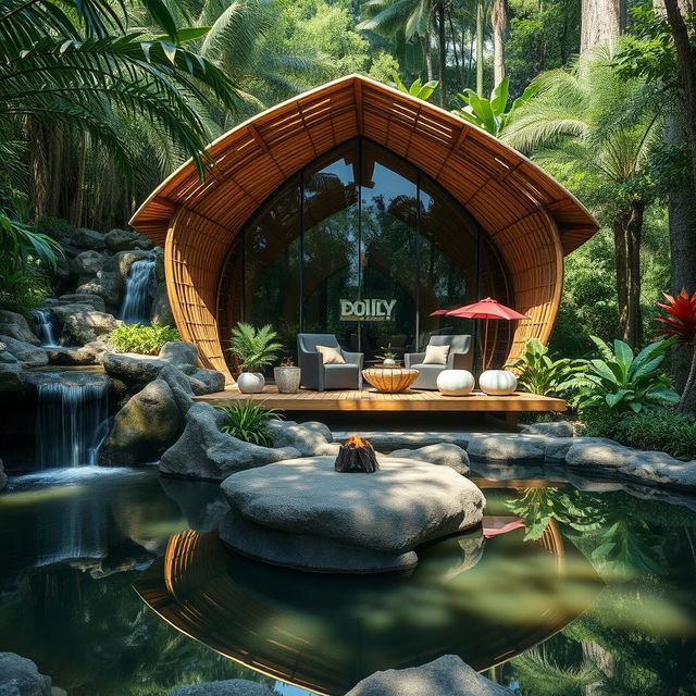 A beautifully designed cabin nestled in a lush jungle setting, constructed from bamboo and glass, showcasing innovative architectural principles