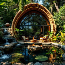 A beautifully designed cabin nestled in a lush jungle setting, constructed from bamboo and glass, showcasing innovative architectural principles