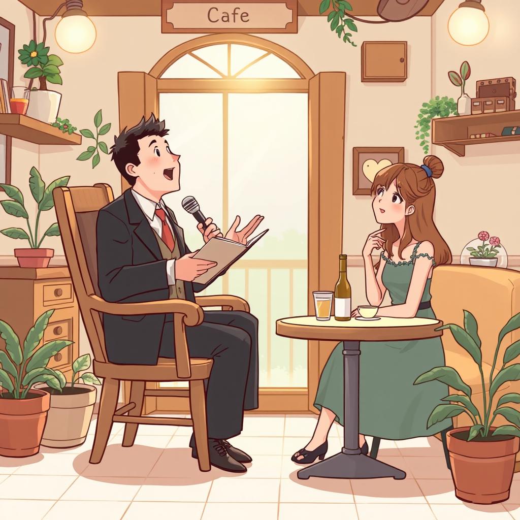 A Ghibli-style cartoon illustration of a man wearing a suit, sitting in a wooden chair and singing passionately in a small, classic-style café