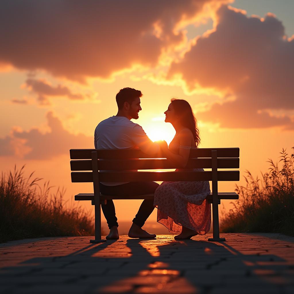 A romantic scene featuring a couple seated on a bench during a beautiful sunset