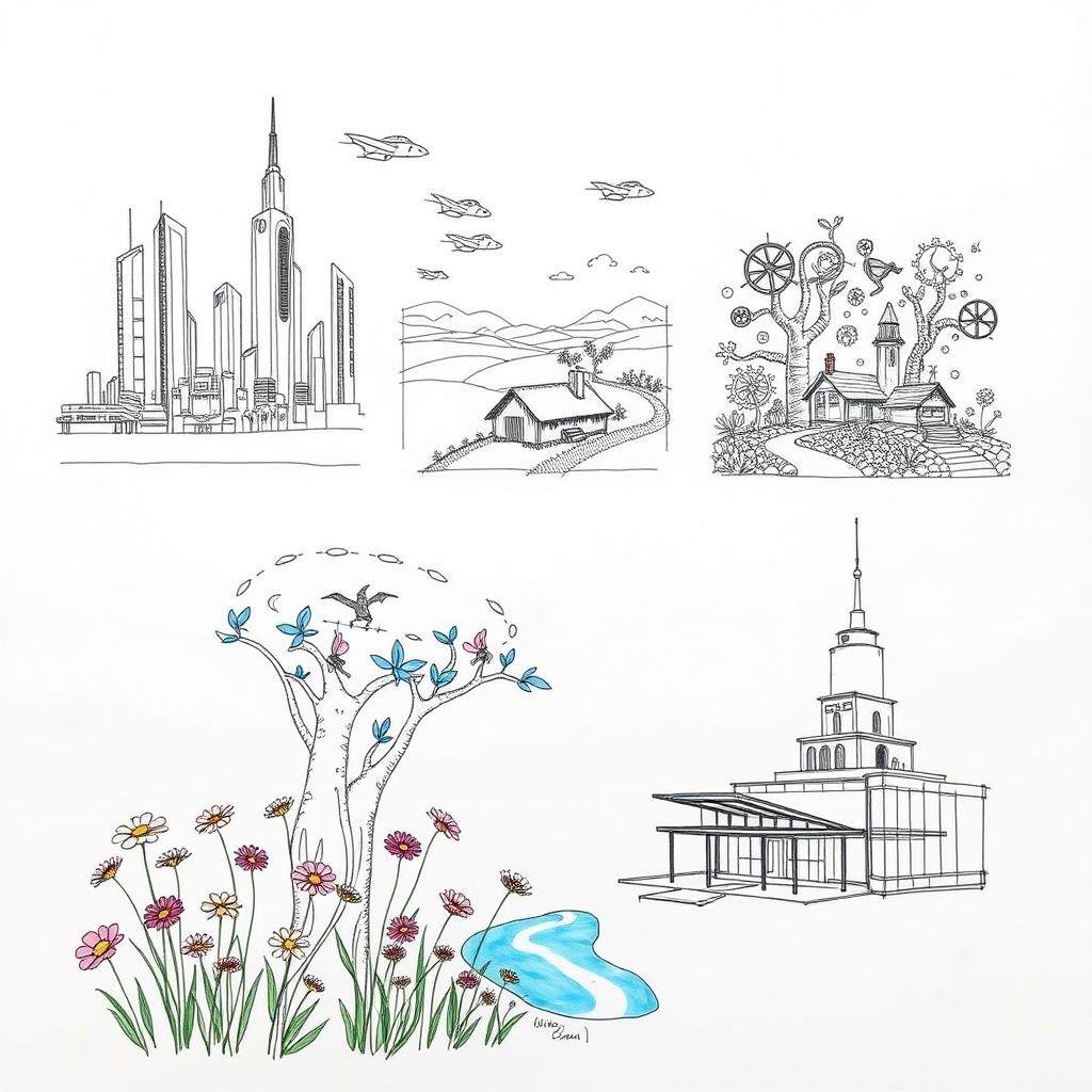 A hand-drawn sketch featuring five imaginative design proposals, each distinct from one another