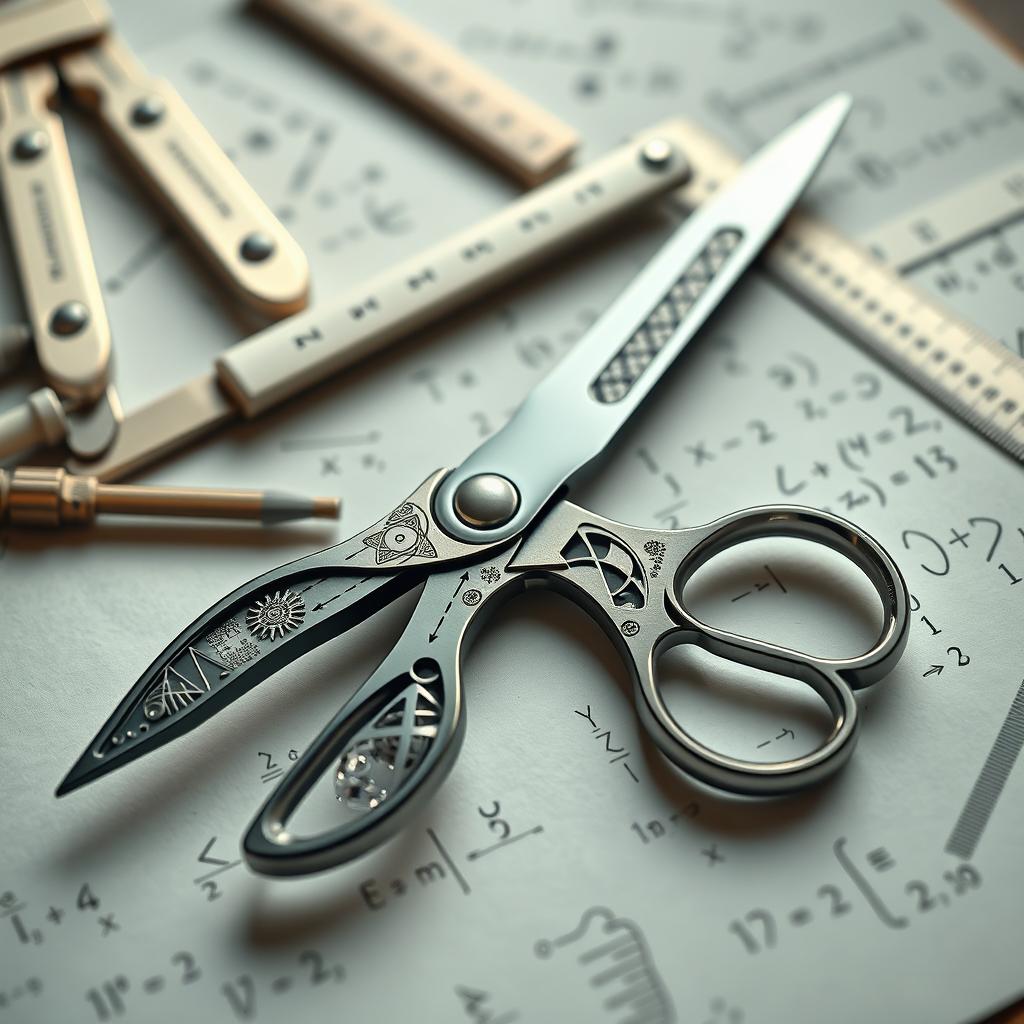 A highly realistic and innovative pair of scissors, designed with intricate mathematical patterns and motifs integrated into the handle and blade design