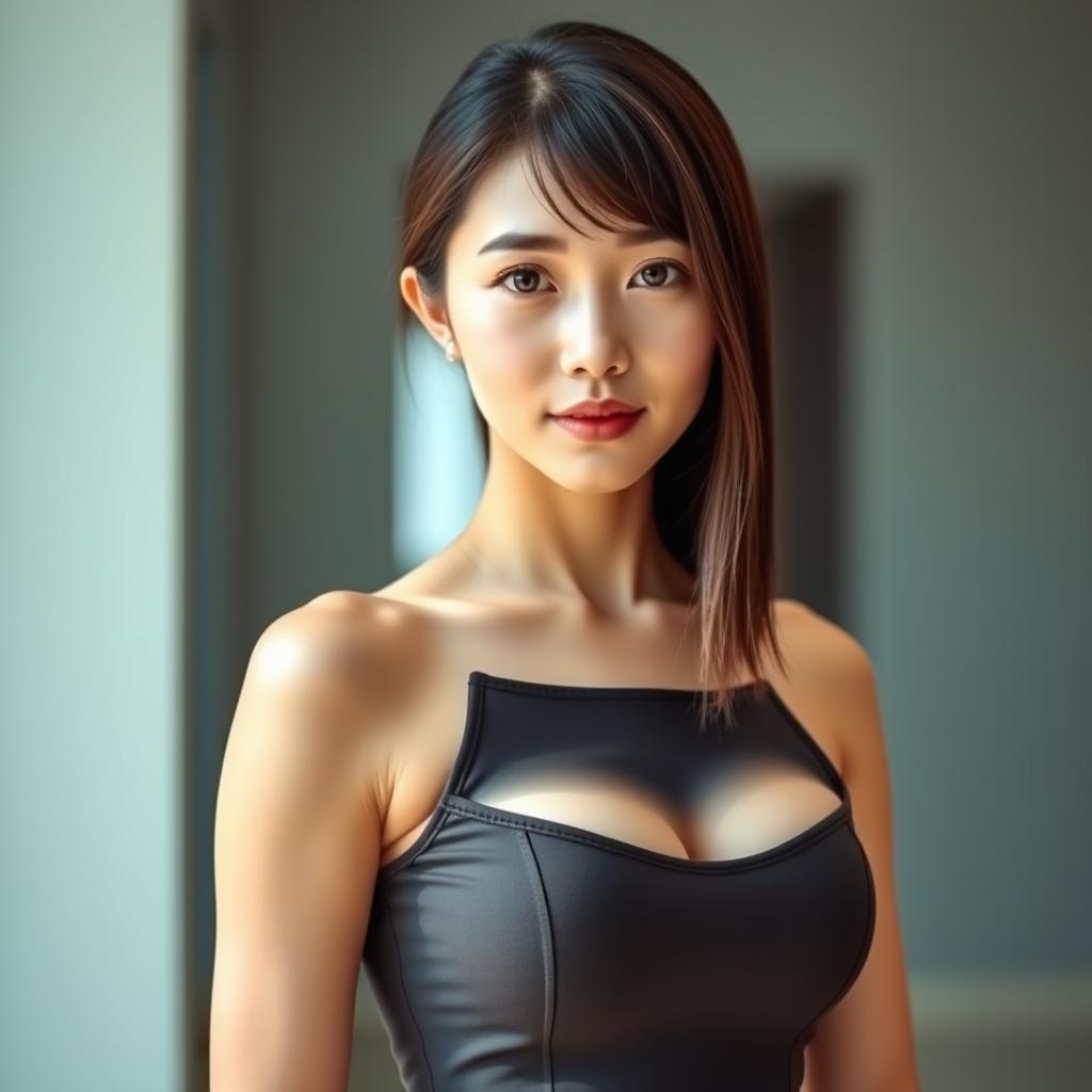 A sexy Korean nurse, 25 years old, with straight hair, wearing a tight dress that features a flattering neckline, showcasing her figure