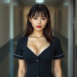 A sexy Korean nurse, 25 years old, with straight hair, wearing a tight dress that features a flattering neckline, showcasing her figure