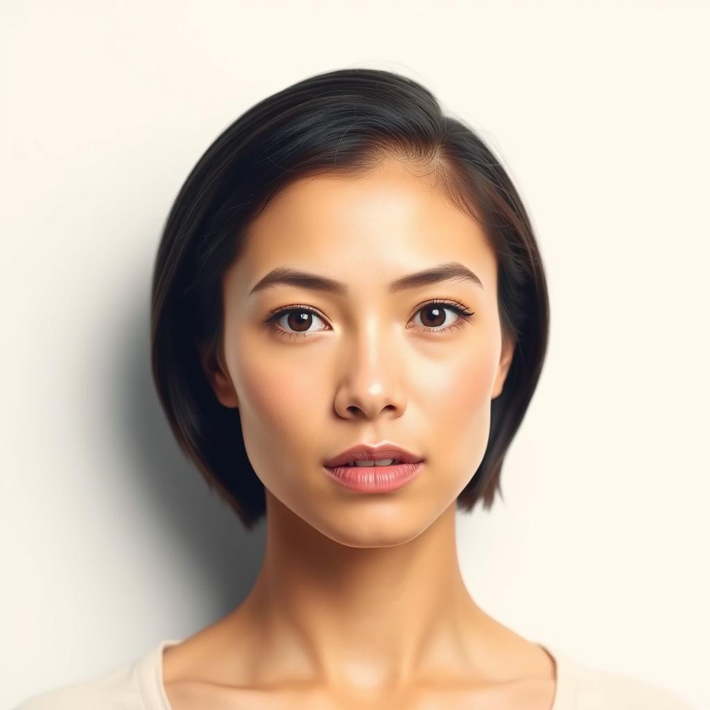 An ID photo featuring a person with their head in a straight position, facing directly towards the camera with a neutral expression