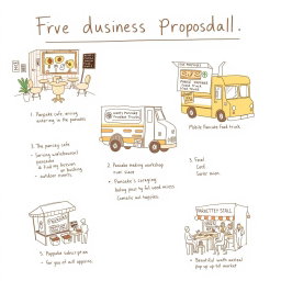 A hand-drawn sketch depicting five creative business proposals centered around pancakes