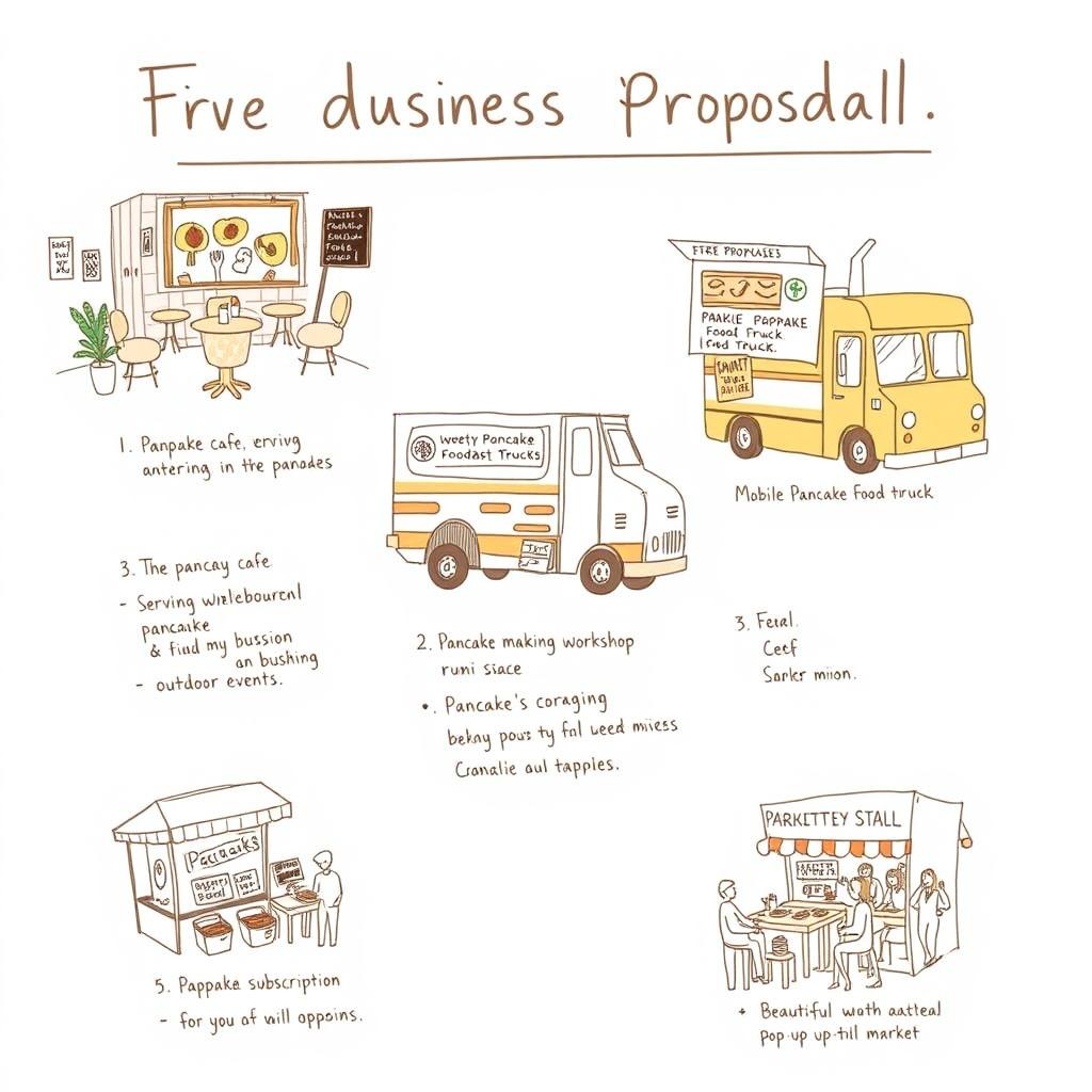 A hand-drawn sketch depicting five creative business proposals centered around pancakes