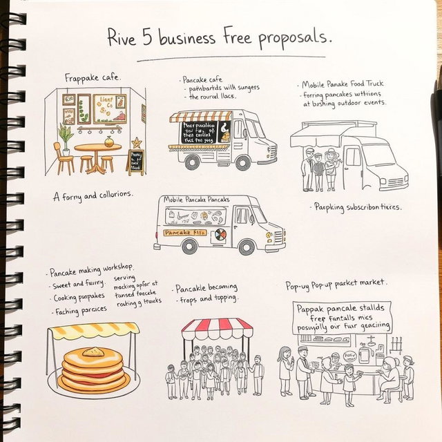 A hand-drawn sketch depicting five creative business proposals centered around pancakes