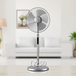 A high-quality image of a standing fan, showcasing its sleek design with a metallic finish and a modern base