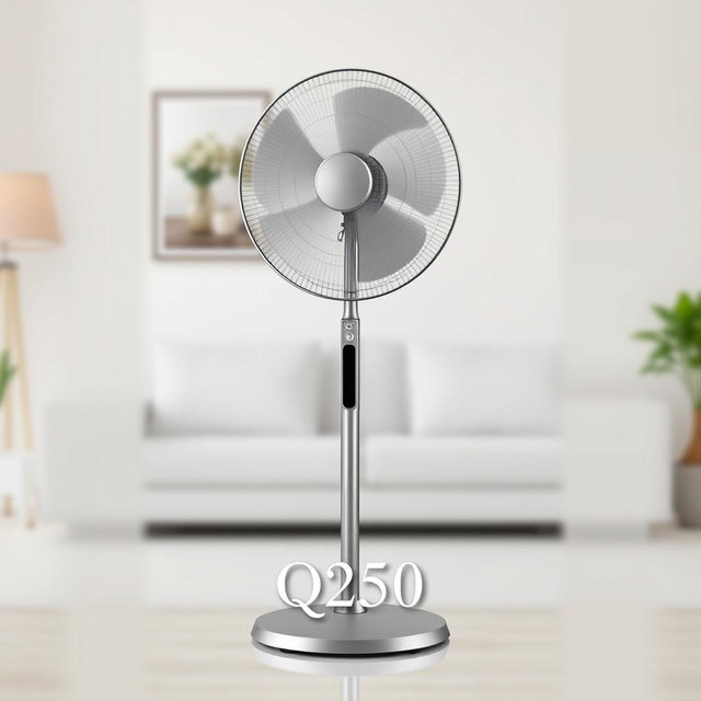 A high-quality image of a standing fan, showcasing its sleek design with a metallic finish and a modern base