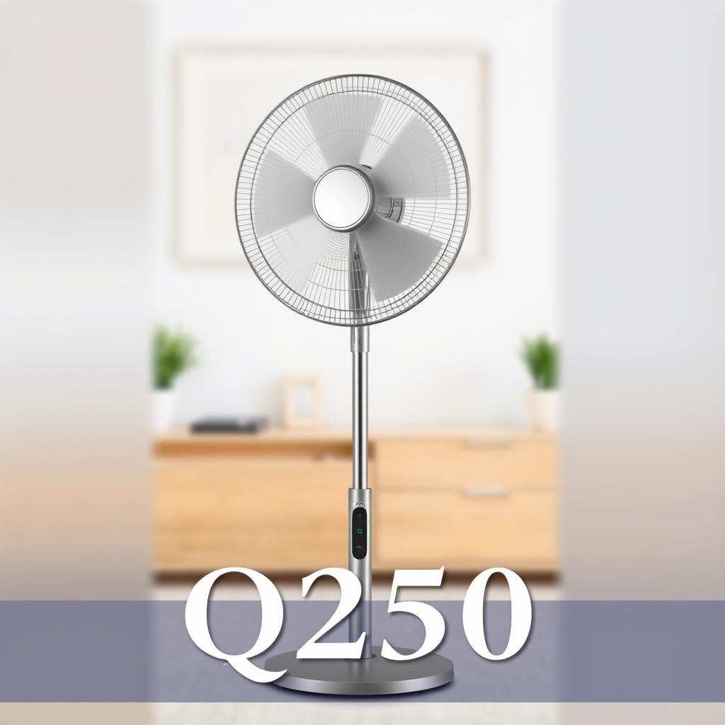 A high-quality image of a standing fan, showcasing its sleek design with a metallic finish and a modern base