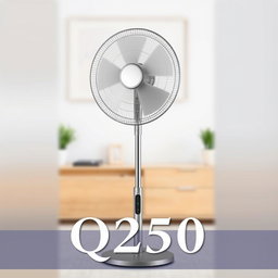 A high-quality image of a standing fan, showcasing its sleek design with a metallic finish and a modern base