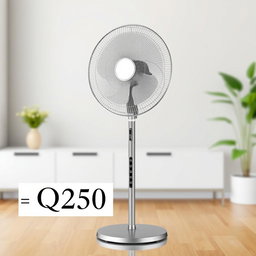 A high-quality image of a standing fan, showcasing its sleek design with a metallic finish and a modern base