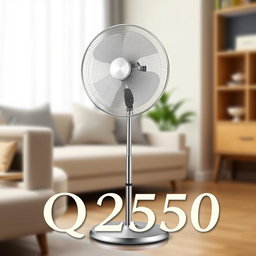 A high-quality image of a standing fan, showcasing its sleek design with a metallic finish and a modern base