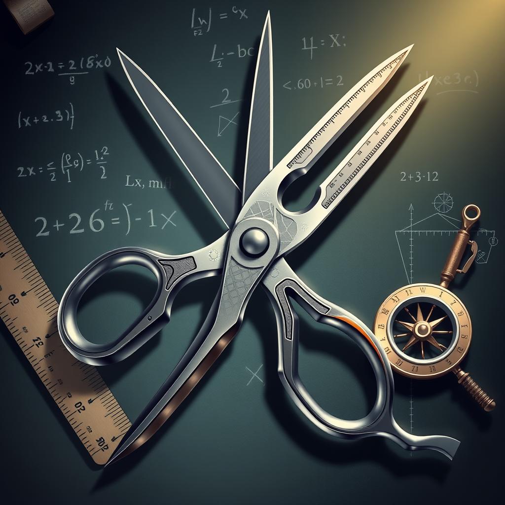 A highly detailed and realistic illustration of an innovative scissor design, incorporating mathematical elements such as geometric patterns and mathematical symbols