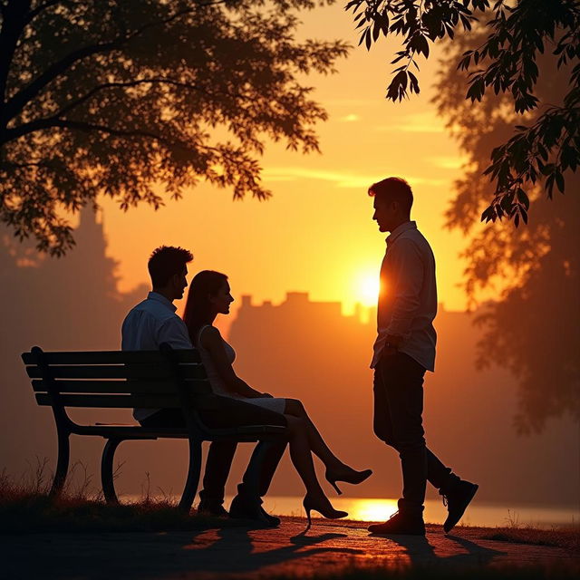 A romantic scene of a couple sitting on a park bench, with the man standing up and beginning to walk away