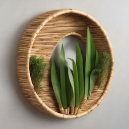 A natural wall decor made of bamboo, water hyacinth, sea grass, and rattan, showcasing a harmonious blend of elements.