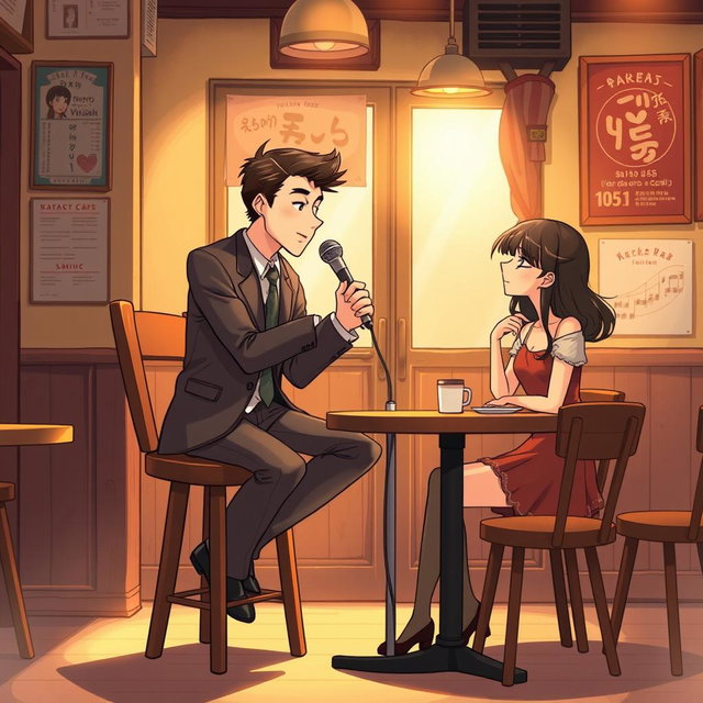 A Ghibli-style cartoon illustration featuring a man in a suit sitting on a tall wooden chair, holding a vintage microphone and singing a song in a quaint, classic-style cafe