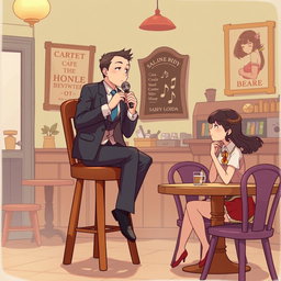 A Ghibli-style cartoon illustration featuring a man in a suit sitting on a tall wooden chair, holding a vintage microphone and singing a song in a quaint, classic-style cafe