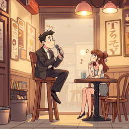 A Ghibli-style cartoon illustration featuring a man in a suit sitting on a tall wooden chair, holding a vintage microphone and singing a song in a quaint, classic-style cafe