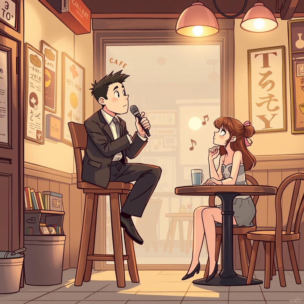 A Ghibli-style cartoon illustration featuring a man in a suit sitting on a tall wooden chair, holding a vintage microphone and singing a song in a quaint, classic-style cafe