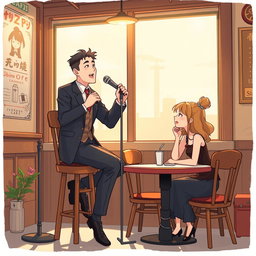 A Ghibli-style cartoon illustration featuring a man in a suit sitting on a tall wooden chair, holding a vintage microphone and singing a song in a quaint, classic-style cafe