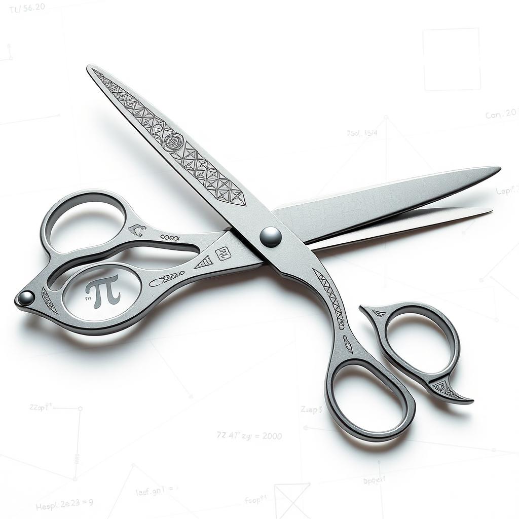 A realistic, innovative pair of scissors designed to reflect relationships in mathematics, featuring intricate geometric patterns inspired by fractals and symmetry