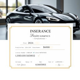 A beautifully designed and elegant car insurance certificate featuring a sleek modern vehicle in the background