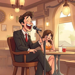 A cartoon illustration in the style of punnnng, depicting a man wearing a suit sitting on a wooden chair, passionately singing into a vintage microphone in a cozy classic-style café
