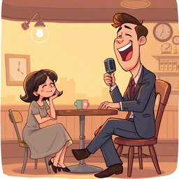 A cartoon illustration in the style of punnnng, depicting a man wearing a suit sitting on a wooden chair, passionately singing into a vintage microphone in a cozy classic-style café