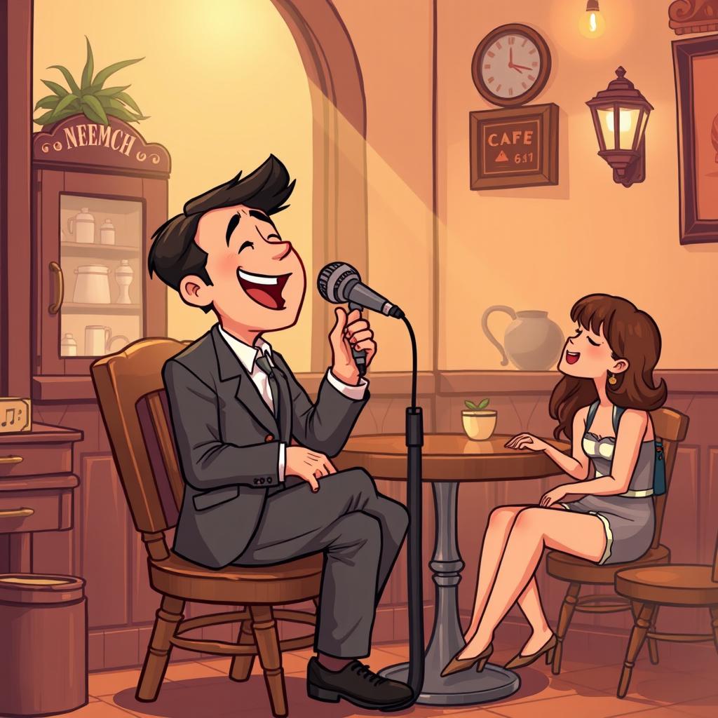 A cartoon illustration in the style of punnnng, depicting a man wearing a suit sitting on a wooden chair, passionately singing into a vintage microphone in a cozy classic-style café