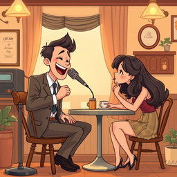 A cartoon illustration in the style of punnnng, depicting a man wearing a suit sitting on a wooden chair, passionately singing into a vintage microphone in a cozy classic-style café